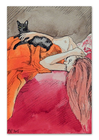 Postkaart illustratsioonist naisega, kellel on kass kaisus